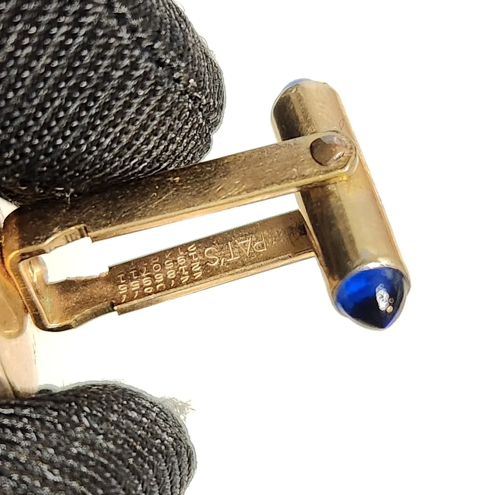 Correct 14K Goldplated Blue Round & Bullet Glass Cab Cufflinks, Signed